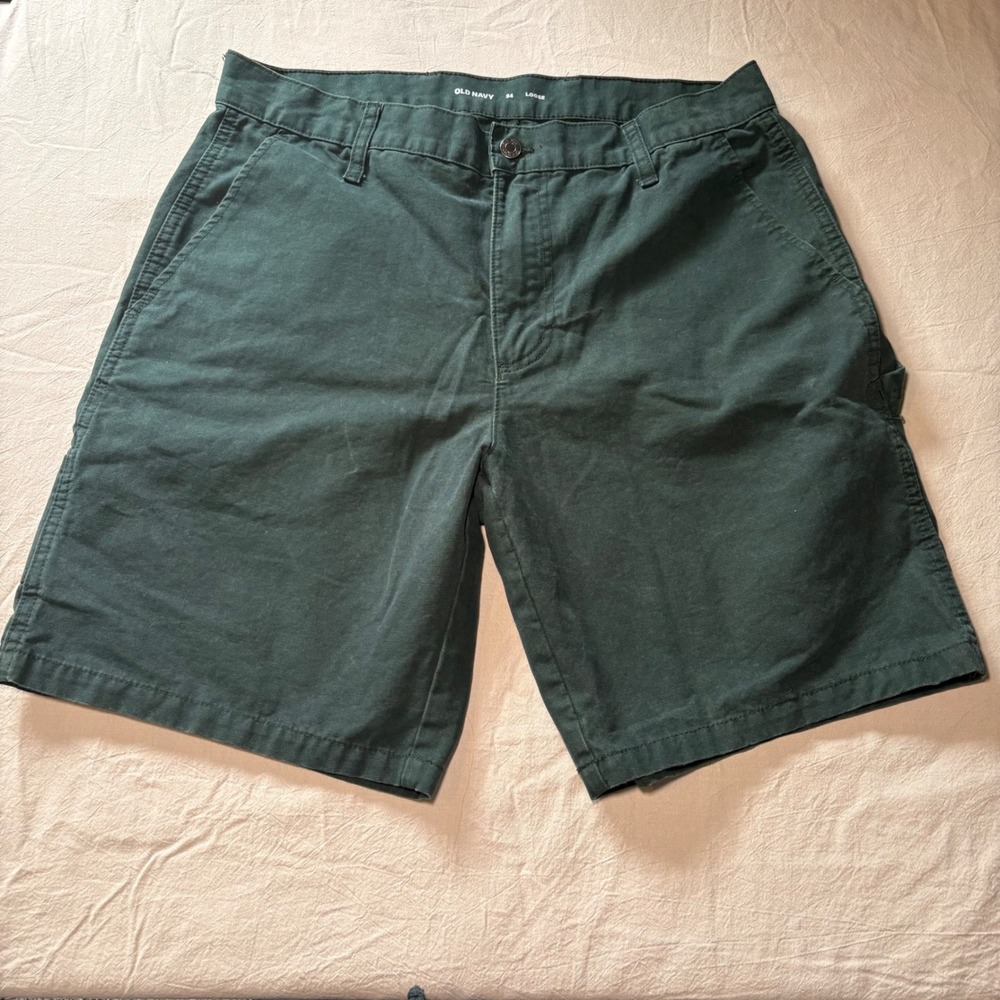Old Navy Mens 34 Loose Fit Carpenter Shorts Forest‎ Green Cotton Canvas Utility